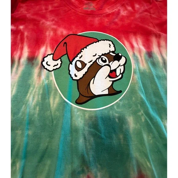 Buc-ee's Christmas Tie Dye Long Sleeve Shirt Mens XL Santa Beaver Red Green - Picture 2 of 4